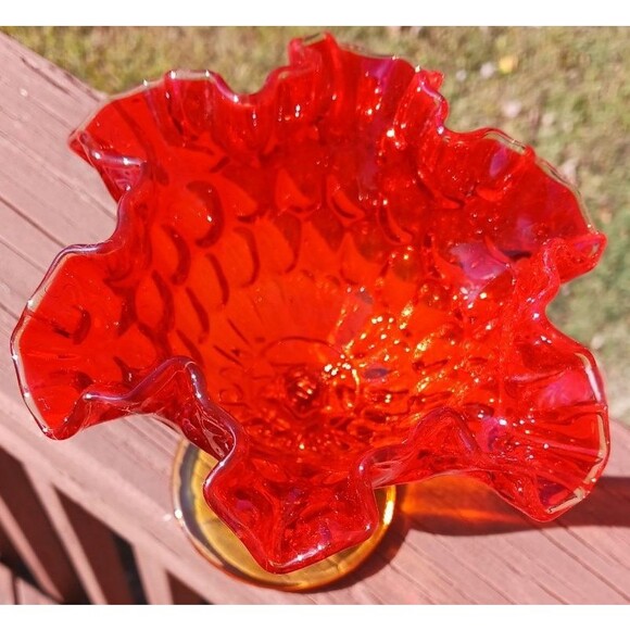Vtg Fenton Fiery Amberina Ruffled Thumbprint Pedestal Compote Candy Dish Tagged - Picture 6 of 6